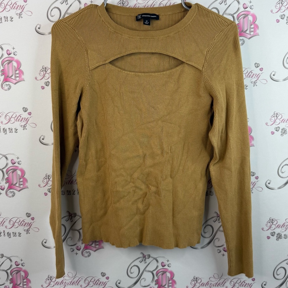 INC International Concepts ribbed open cut out front brown Tan Long Sleeve Top